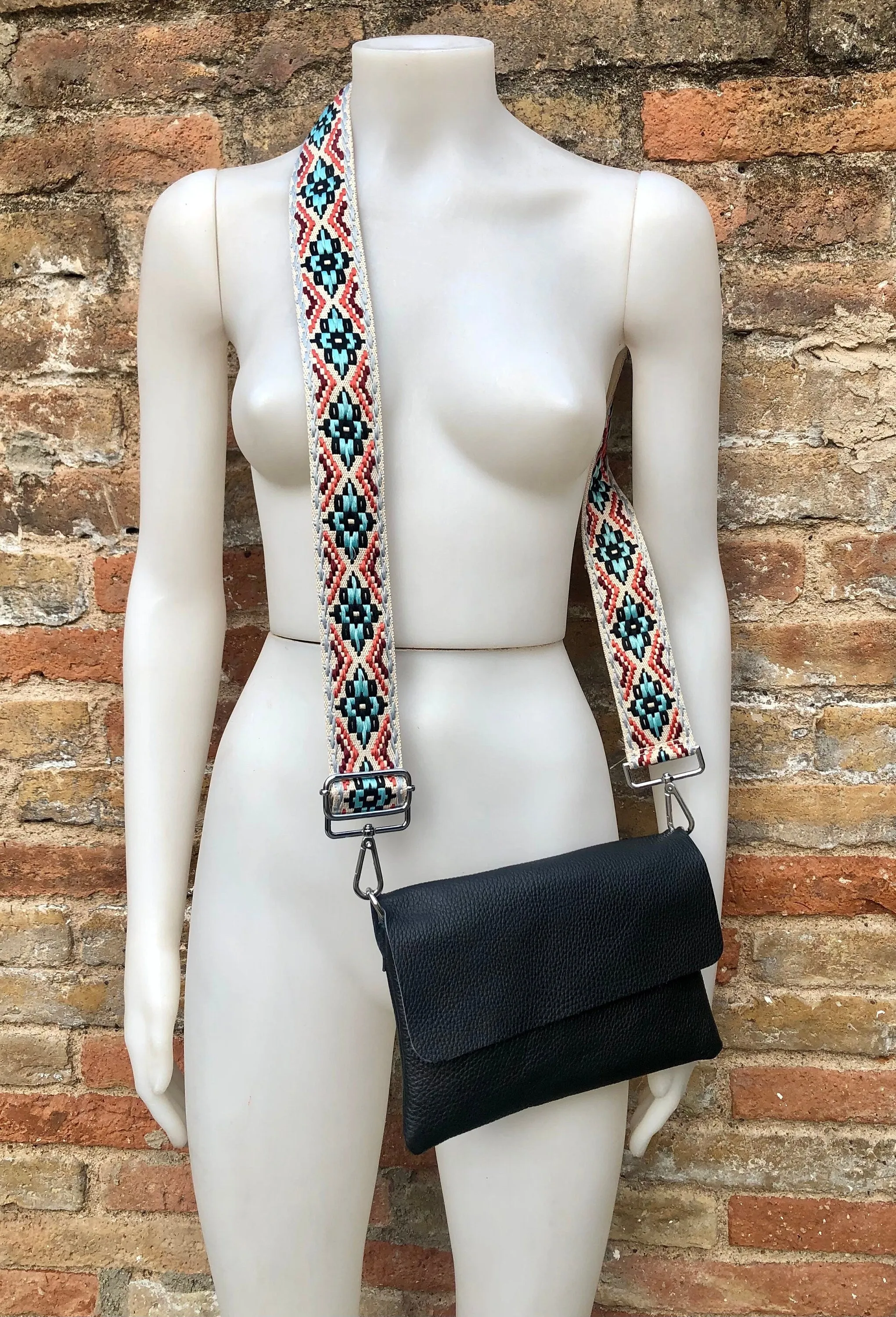 Black small leather bag. 2 straps: 1 leather   1 guitar strap. GENUINE leather Crossbody / shoulder bag. Black purse with flap   zipper