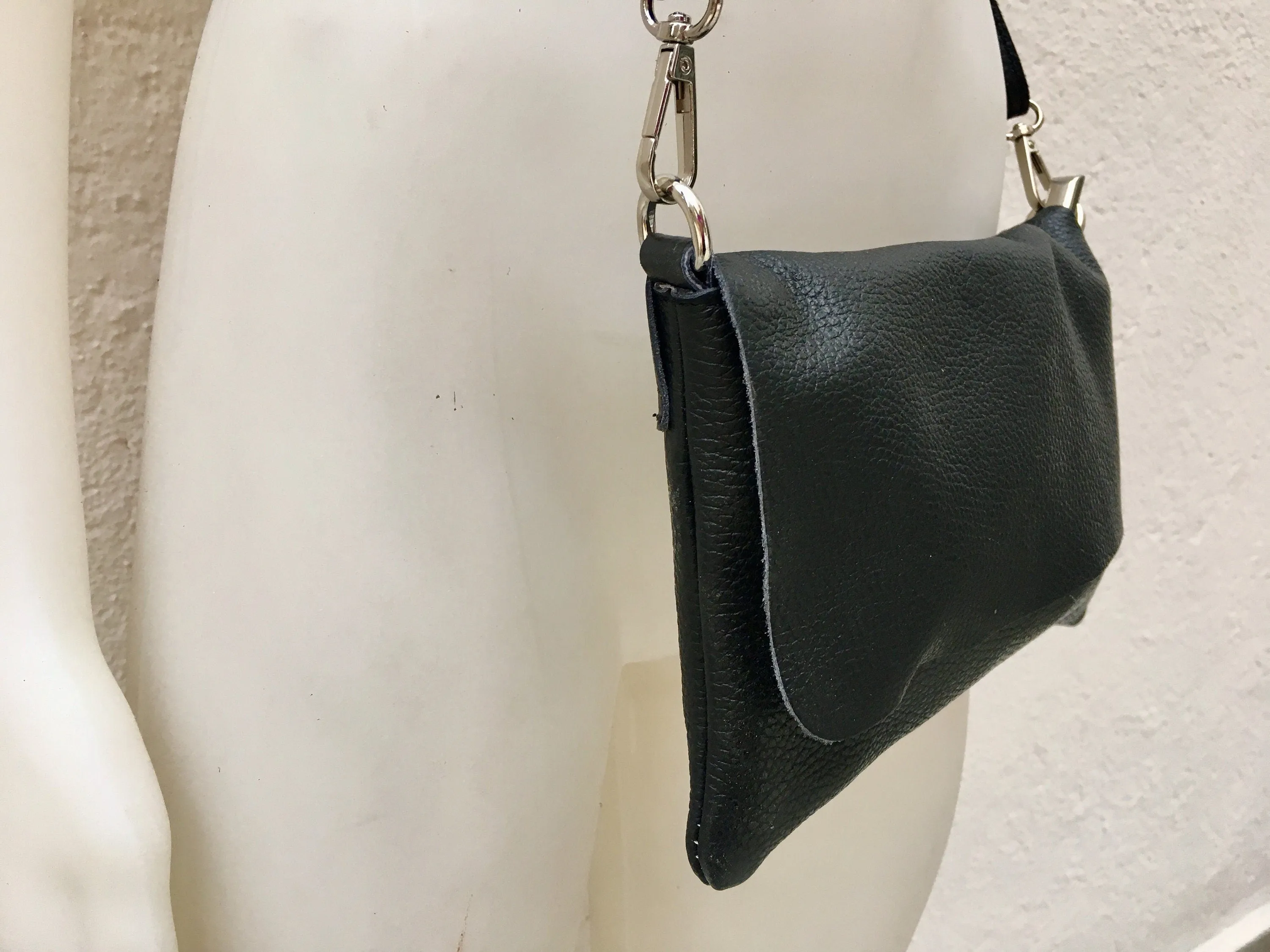 Black small leather bag. 2 straps: 1 leather   1 guitar strap. GENUINE leather Crossbody / shoulder bag. Black purse with flap   zipper