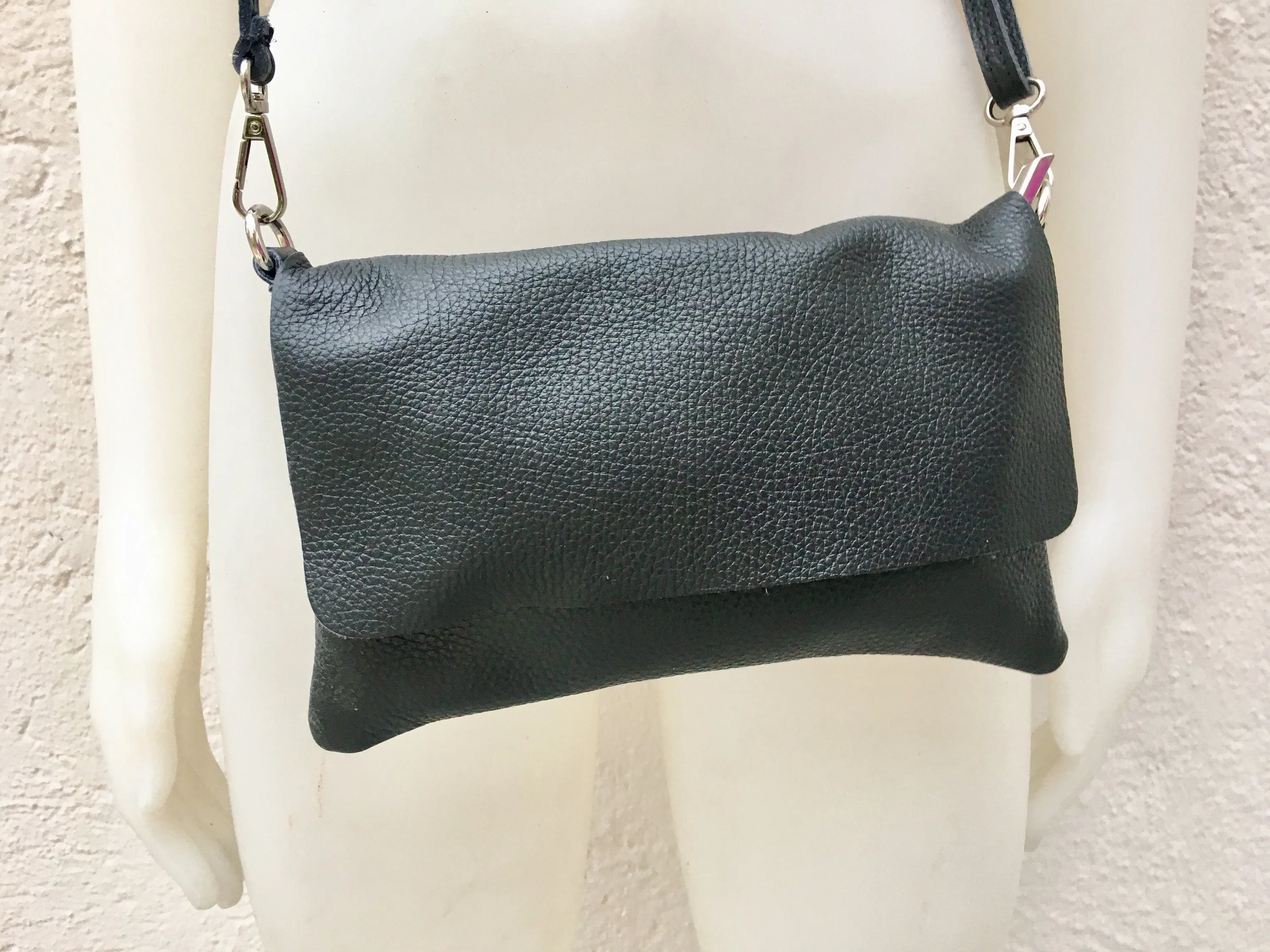 Black small leather bag. 2 straps: 1 leather   1 guitar strap. GENUINE leather Crossbody / shoulder bag. Black purse with flap   zipper