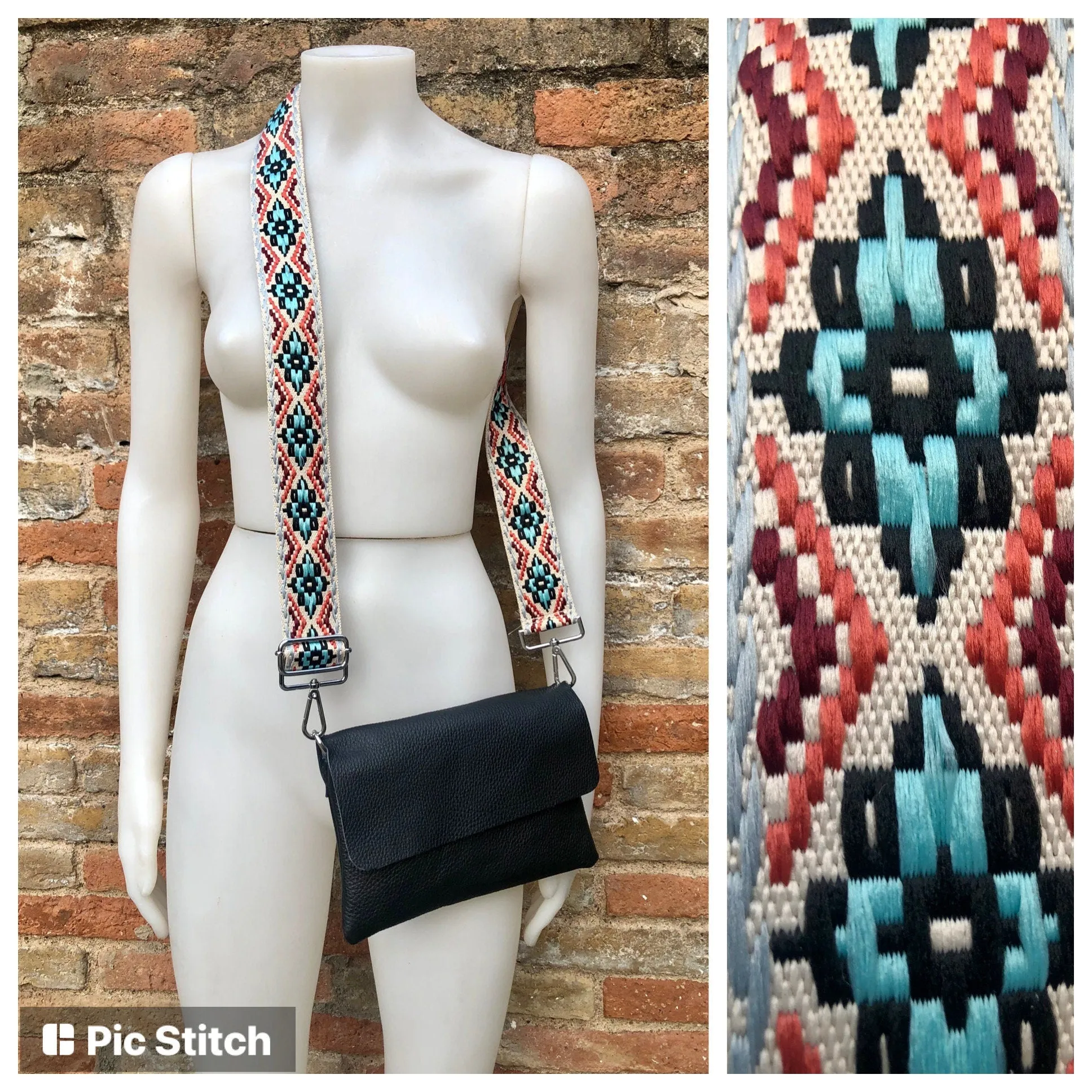 Black small leather bag. 2 straps: 1 leather   1 guitar strap. GENUINE leather Crossbody / shoulder bag. Black purse with flap   zipper