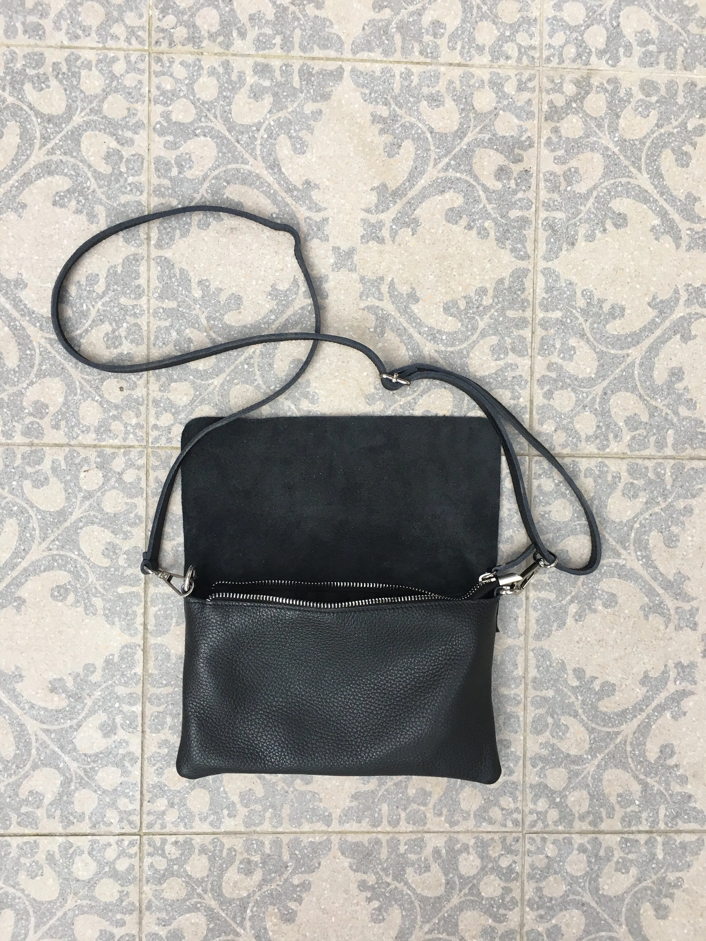 Black small leather bag. 2 straps: 1 leather   1 guitar strap. GENUINE leather Crossbody / shoulder bag. Black purse with flap   zipper