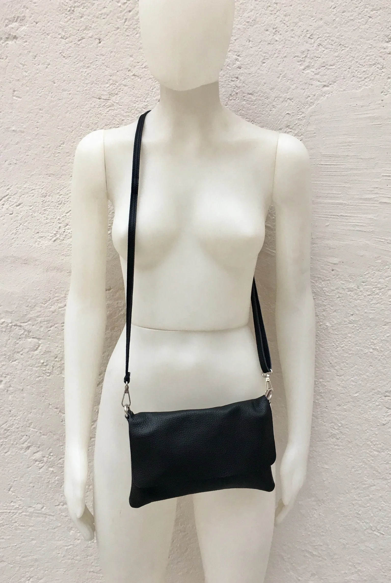 Black small leather bag. 2 straps: 1 leather   1 guitar strap. GENUINE leather Crossbody / shoulder bag. Black purse with flap   zipper