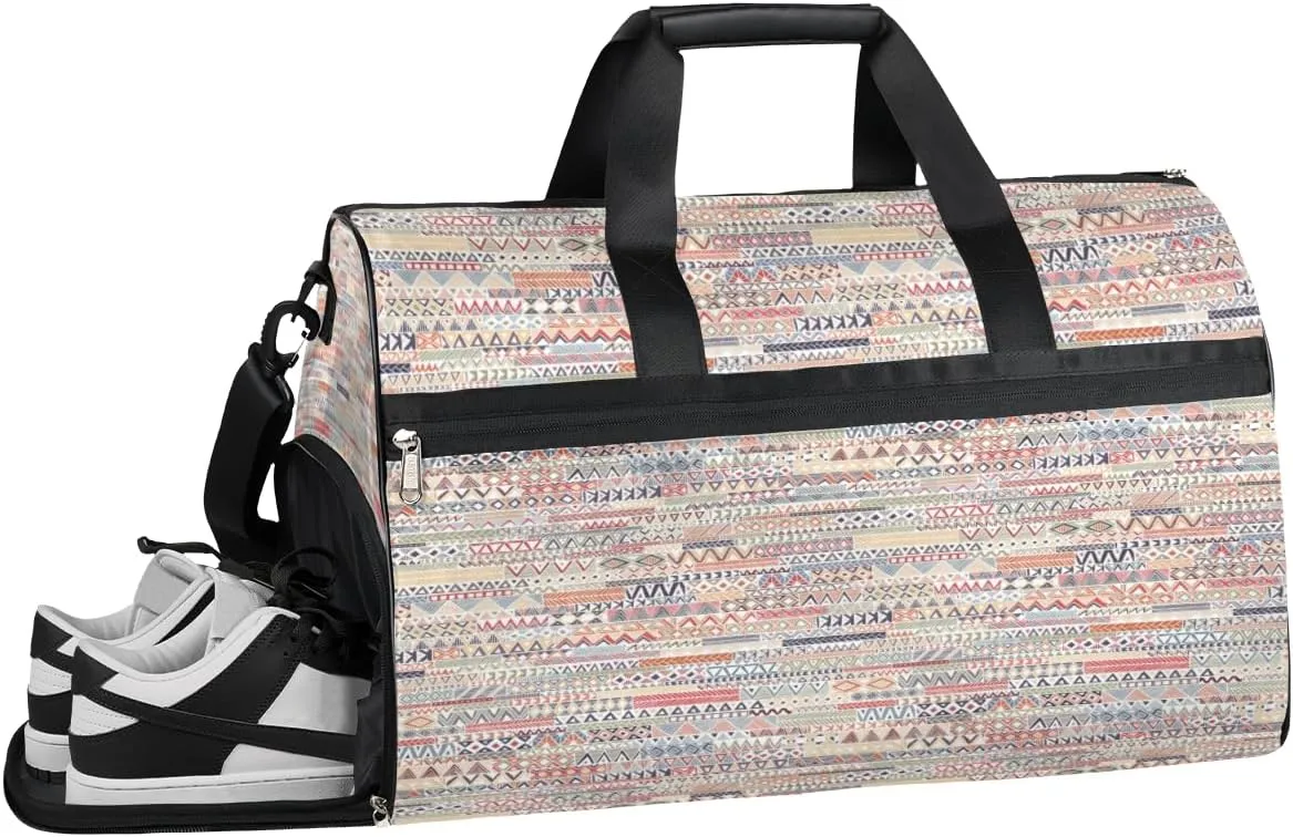 Bohemian Geometric Patchwork Gym Duffle Bag for Women Men 35L Sports Bags Travel Duffel with Shoe Compartment Large Weekender Overnight