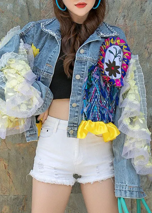 Boutique Blue Ruffled Pockets Floral Decorated Patchwork Denim Short Coat