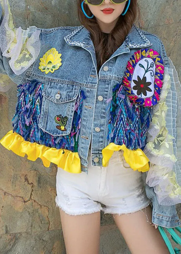Boutique Blue Ruffled Pockets Floral Decorated Patchwork Denim Short Coat