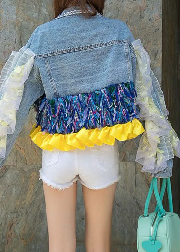 Boutique Blue Ruffled Pockets Floral Decorated Patchwork Denim Short Coat