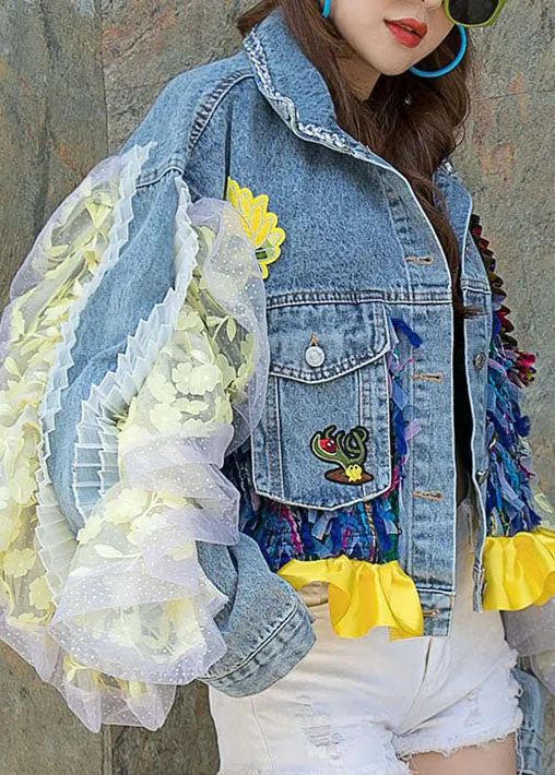 Boutique Blue Ruffled Pockets Floral Decorated Patchwork Denim Short Coat