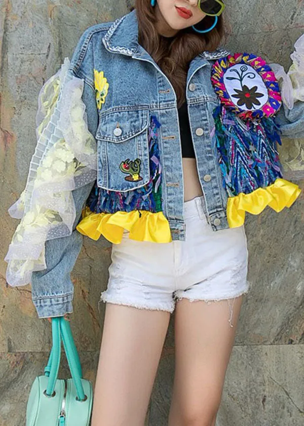Boutique Blue Ruffled Pockets Floral Decorated Patchwork Denim Short Coat