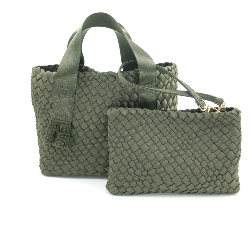 Braided neoprene tote with detachable mini braided bag inside *available in taupe, olive green and black