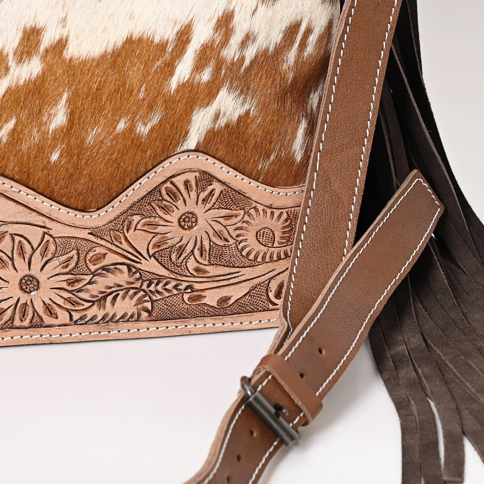 Brown White Cowhide Tooled Leather Purse