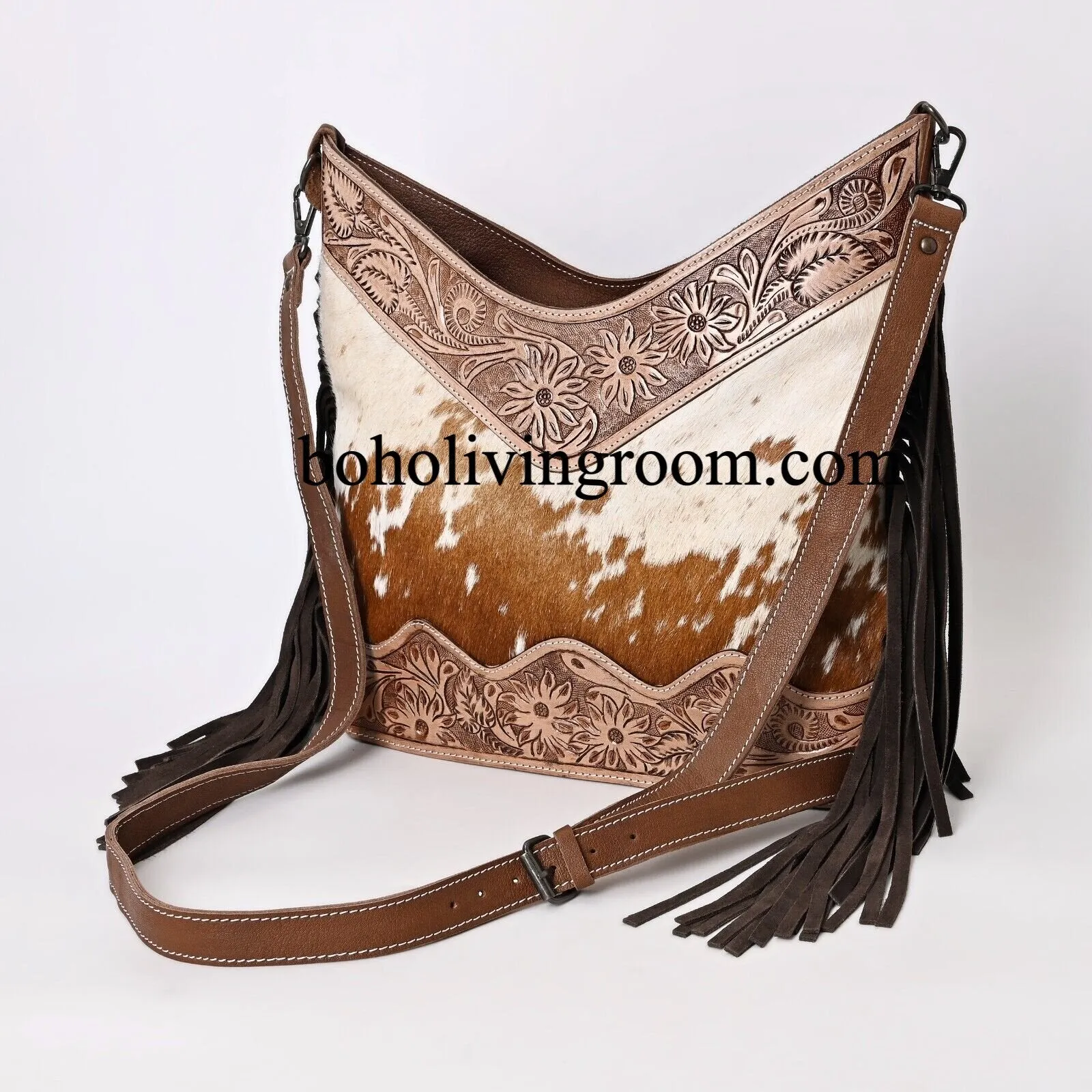 Brown White Cowhide Tooled Leather Purse