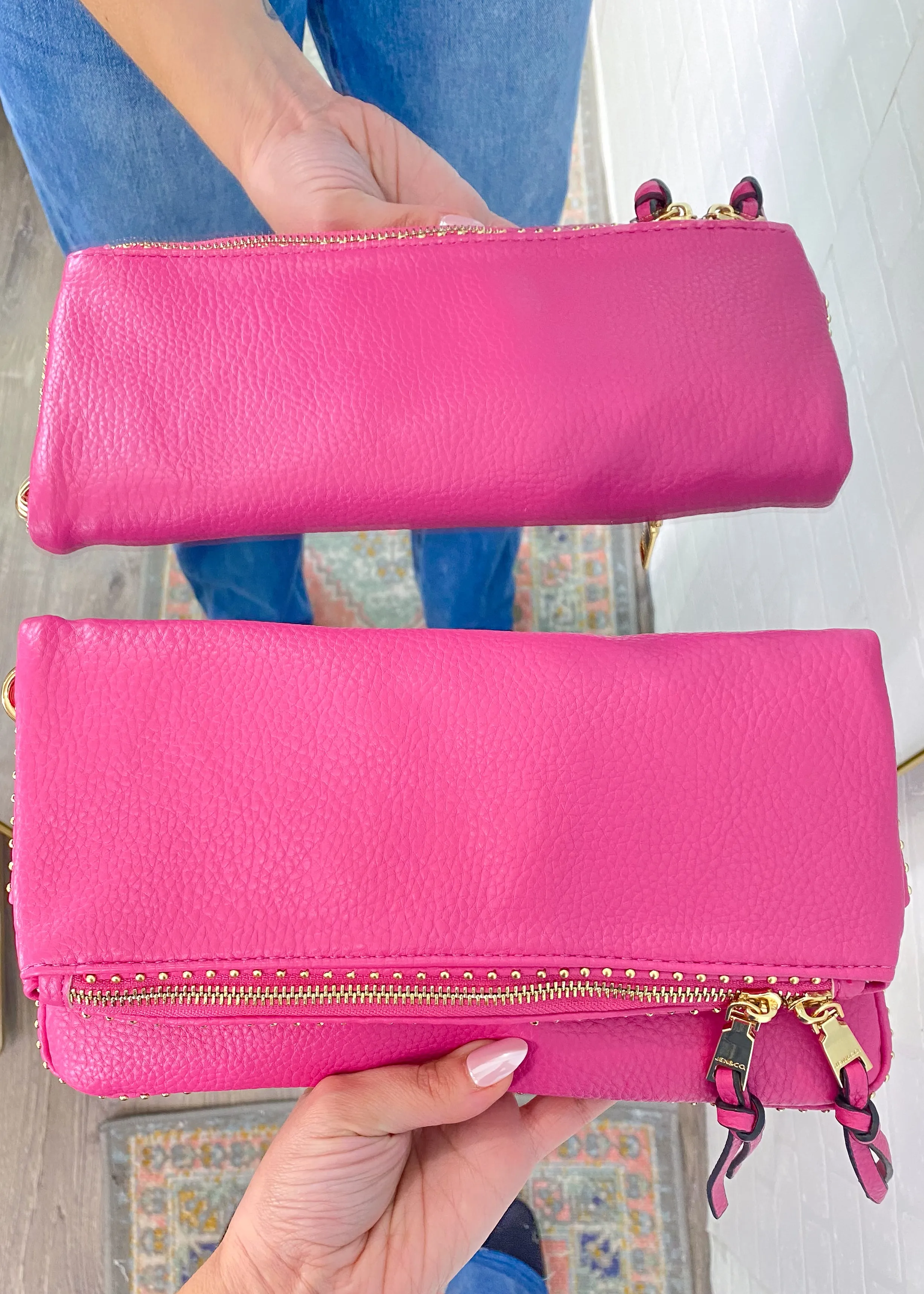 Bubblegum Pink Studded Chainlink Faux Leather Crossbody Handbag
