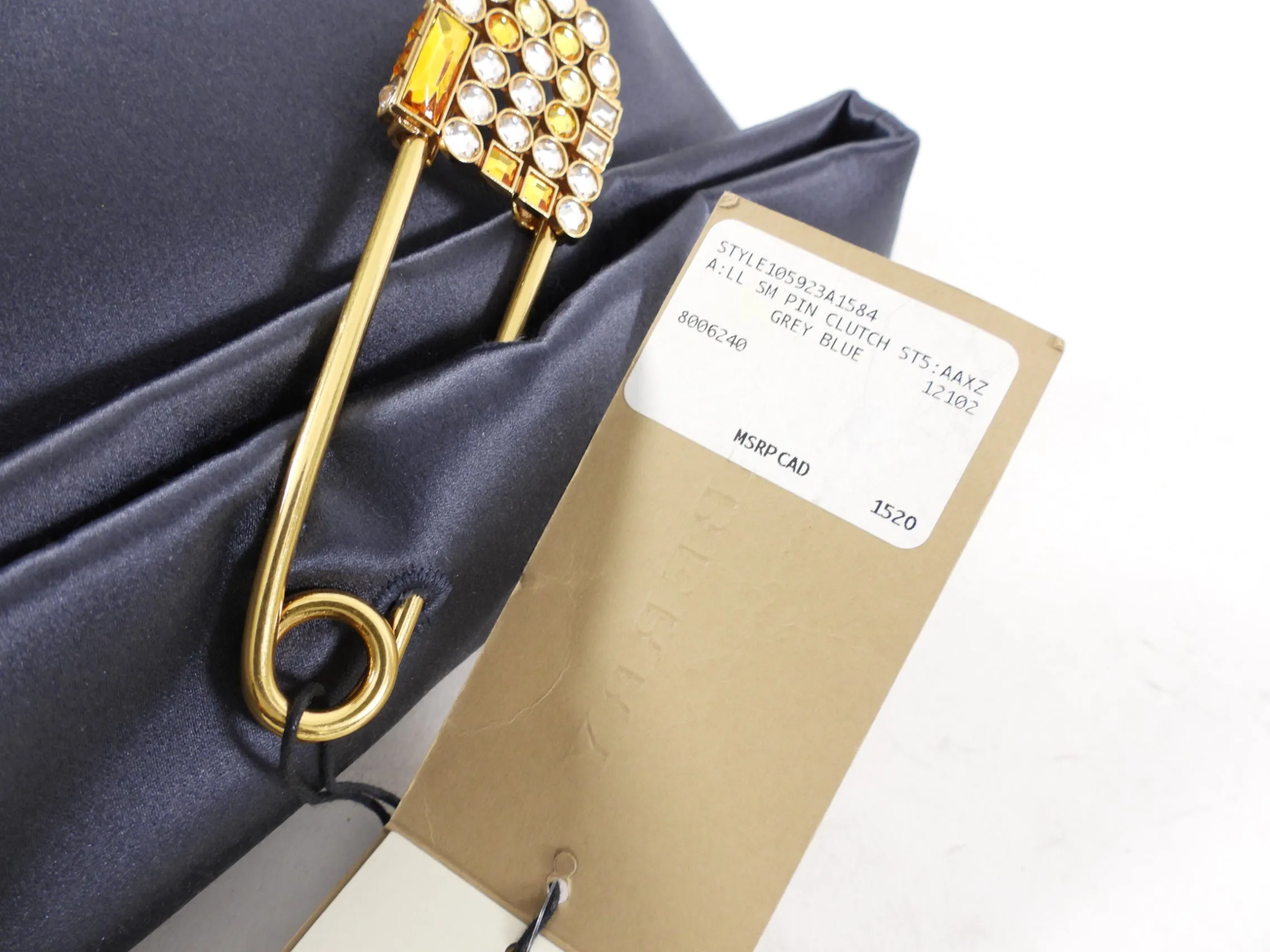 Burberry Grey Silk Satin Strass Pin Evening Clutch Bag