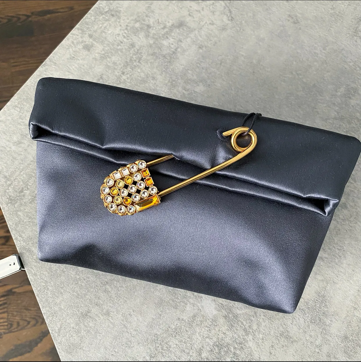 Burberry Grey Silk Satin Strass Pin Evening Clutch Bag