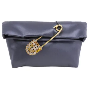Burberry Grey Silk Satin Strass Pin Evening Clutch Bag