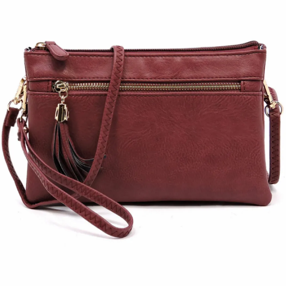 Burgundy Multi-Compartment Tassel Crossbody Purse