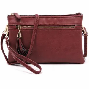 Burgundy Multi-Compartment Tassel Crossbody Purse