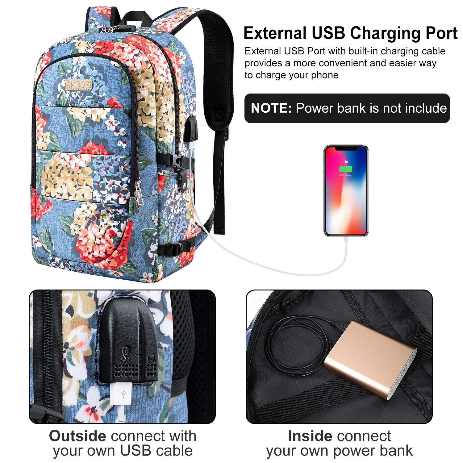 Business Laptop Backpack, 17.3 Inch Stylish Computer Backpack for Women Girls with USB Port and Lock, Water Resistant College School Backpack Student Daypack Backpack for Hiking/Travel/Work-Flower1