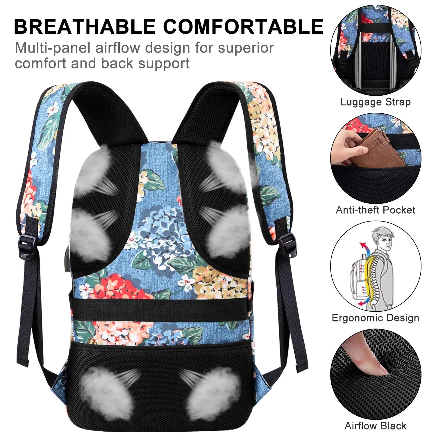 Business Laptop Backpack, 17.3 Inch Stylish Computer Backpack for Women Girls with USB Port and Lock, Water Resistant College School Backpack Student Daypack Backpack for Hiking/Travel/Work-Flower1
