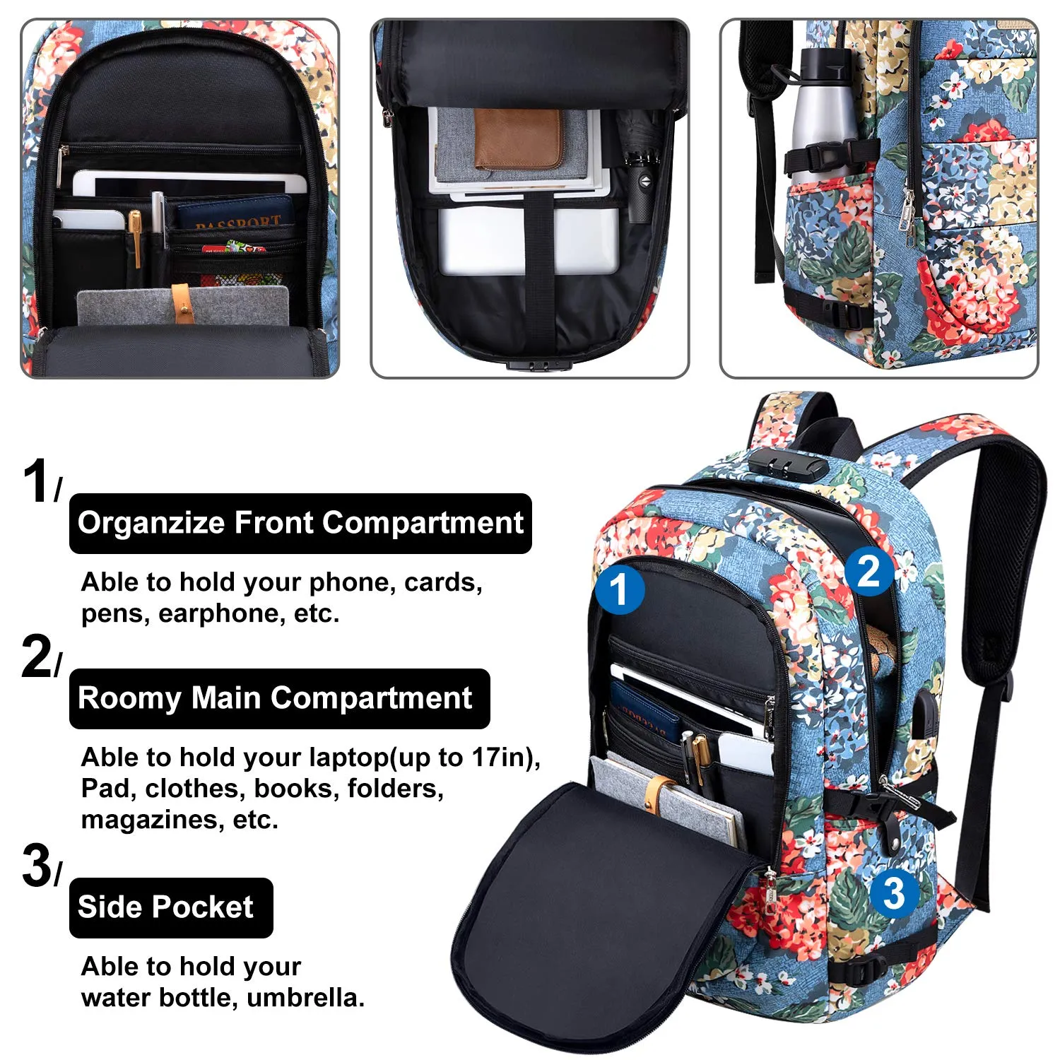 Business Laptop Backpack, 17.3 Inch Stylish Computer Backpack for Women Girls with USB Port and Lock, Water Resistant College School Backpack Student Daypack Backpack for Hiking/Travel/Work-Flower1