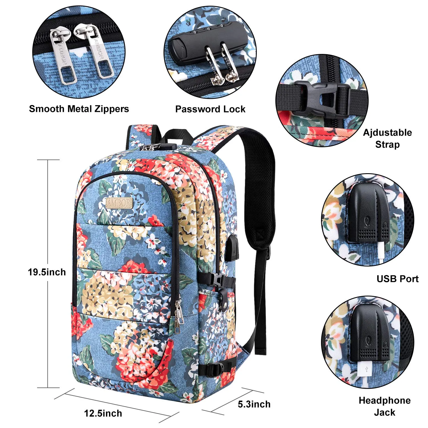 Business Laptop Backpack, 17.3 Inch Stylish Computer Backpack for Women Girls with USB Port and Lock, Water Resistant College School Backpack Student Daypack Backpack for Hiking/Travel/Work-Flower1
