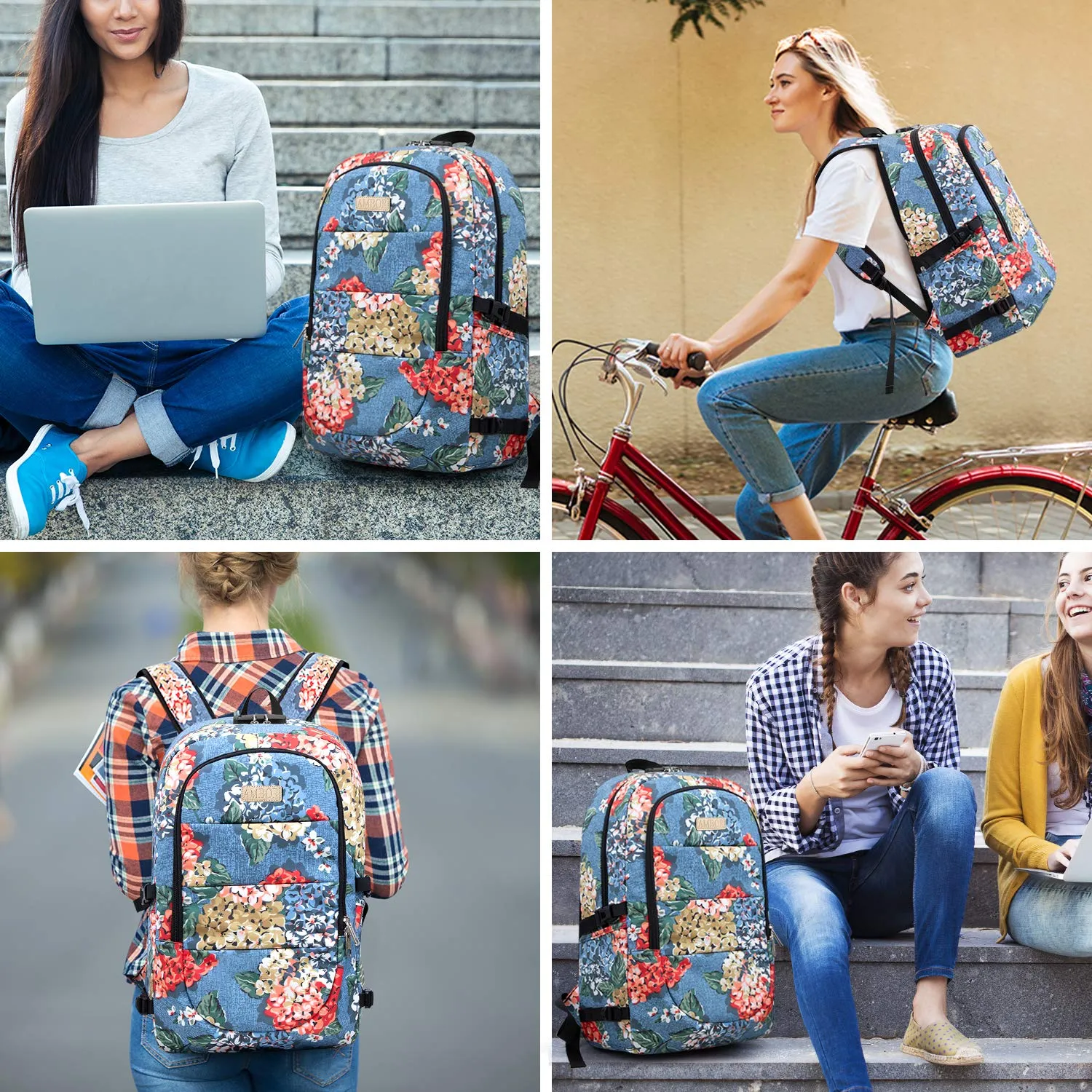 Business Laptop Backpack, 17.3 Inch Stylish Computer Backpack for Women Girls with USB Port and Lock, Water Resistant College School Backpack Student Daypack Backpack for Hiking/Travel/Work-Flower1