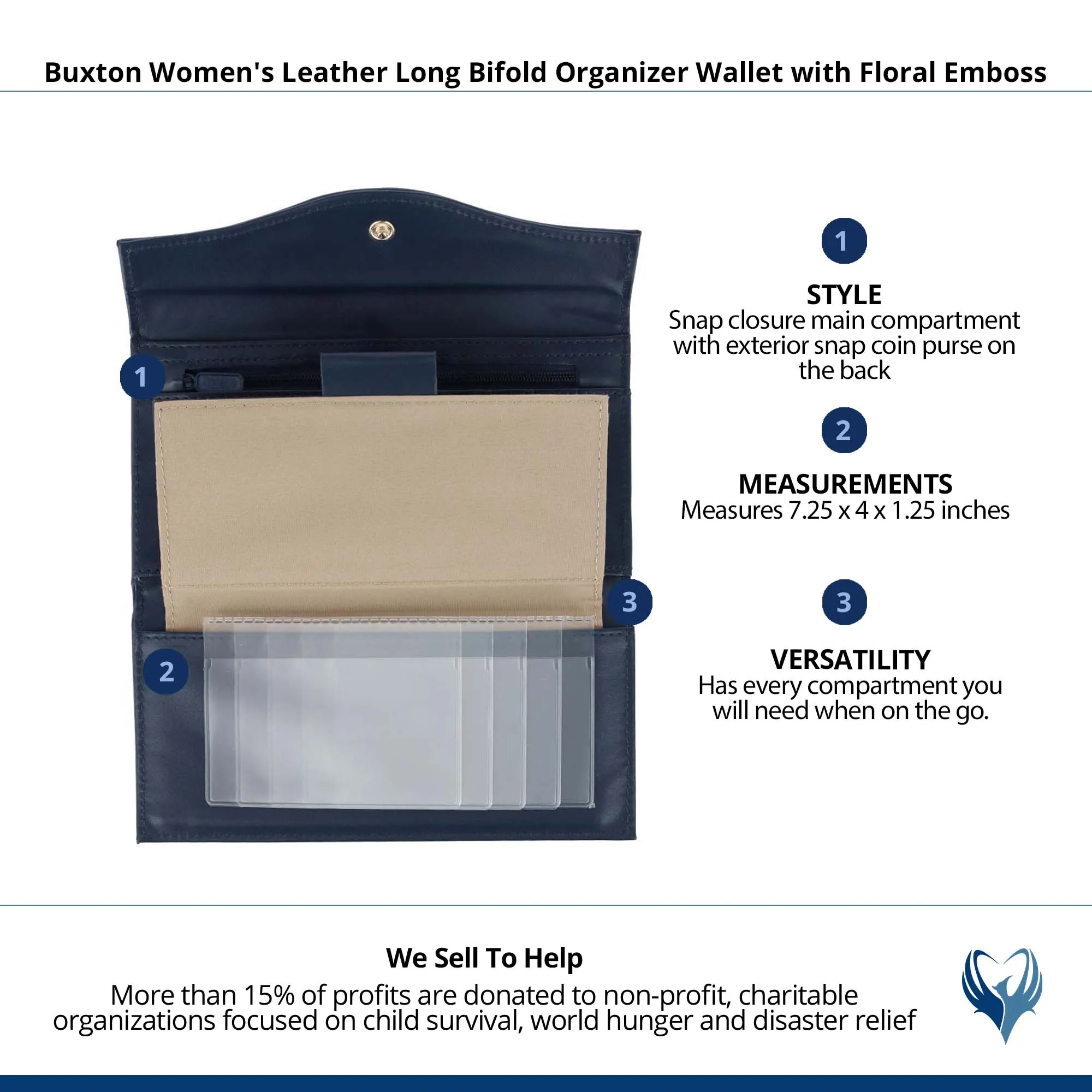 Buxton Women's Leather Long Bifold Organizer Wallet with Floral Emboss