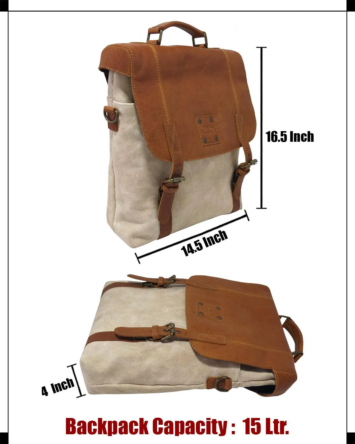 CANVAS & AWL Waxed Canvas & Genuine Leather Unisex Backpack Messenger Bag Shoulder & Crossbody Bag With Top Handle (Cream)
