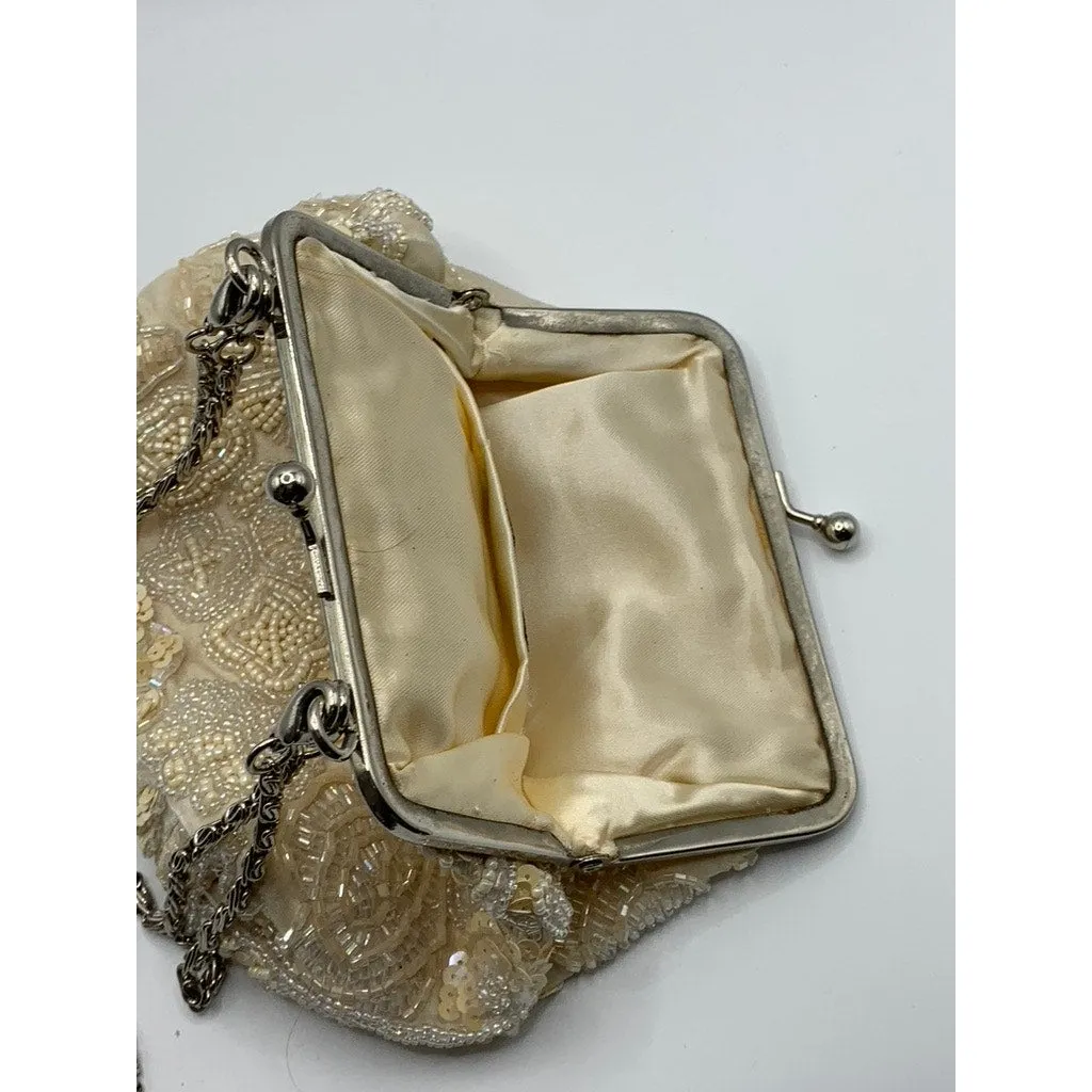 CARLO FELLINI Women's Beige Beaded Sequin Kiss-Lock Clutch Crossbody Bag