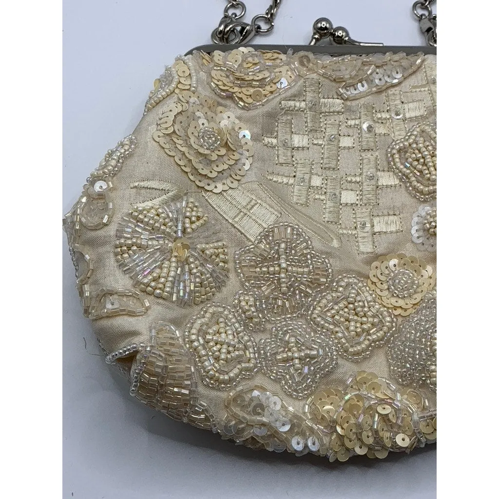 CARLO FELLINI Women's Beige Beaded Sequin Kiss-Lock Clutch Crossbody Bag