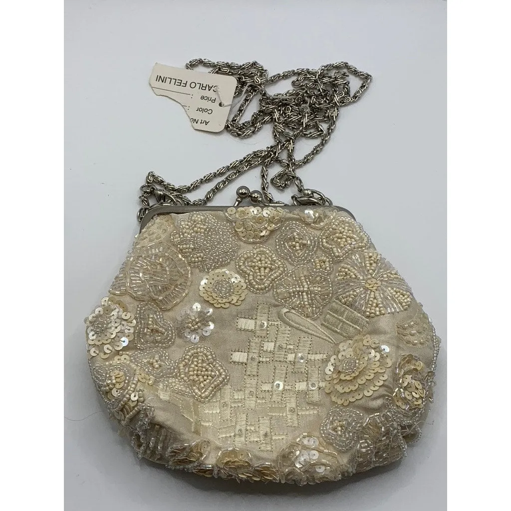 CARLO FELLINI Women's Beige Beaded Sequin Kiss-Lock Clutch Crossbody Bag