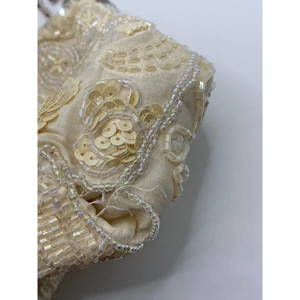 CARLO FELLINI Women's Beige Beaded Sequin Kiss-Lock Clutch Crossbody Bag