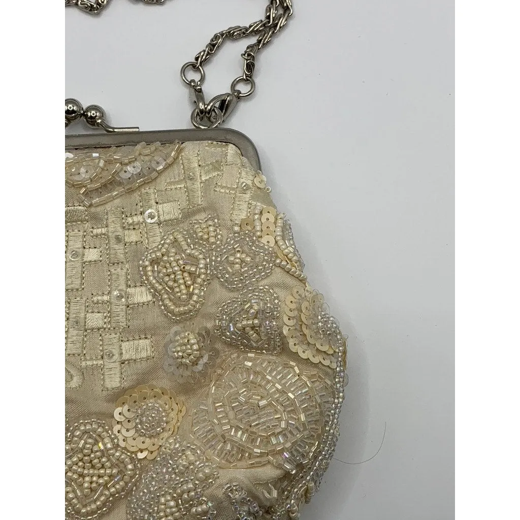 CARLO FELLINI Women's Beige Beaded Sequin Kiss-Lock Clutch Crossbody Bag