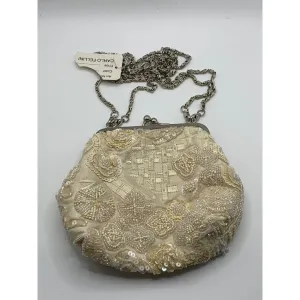 CARLO FELLINI Women's Beige Beaded Sequin Kiss-Lock Clutch Crossbody Bag
