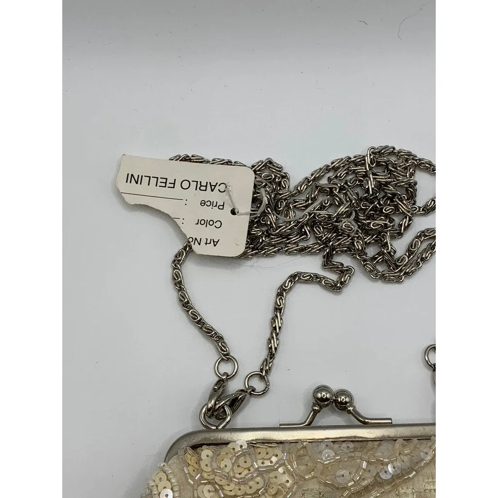 CARLO FELLINI Women's Beige Beaded Sequin Kiss-Lock Clutch Crossbody Bag
