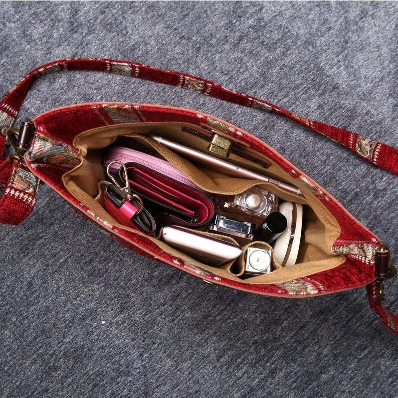 Carpet Crossbody Bag Floral Stripes Red
