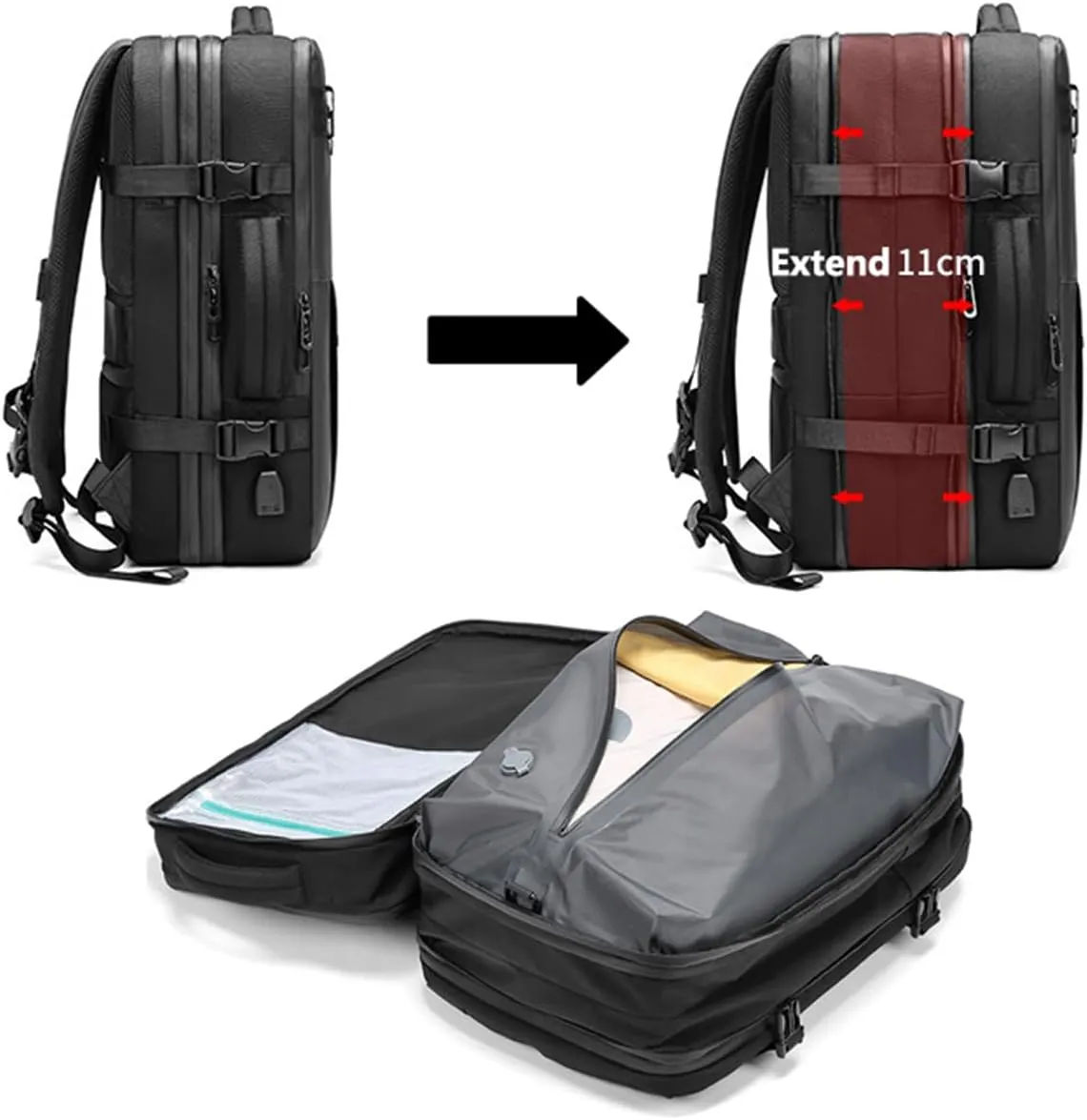 Carry On Luggage 22x14x9 Airline Approved Expandable, Expandable Travel Backpack Largecapacity Vacuum Compression Bag (Black,Backpack With Air Pump)