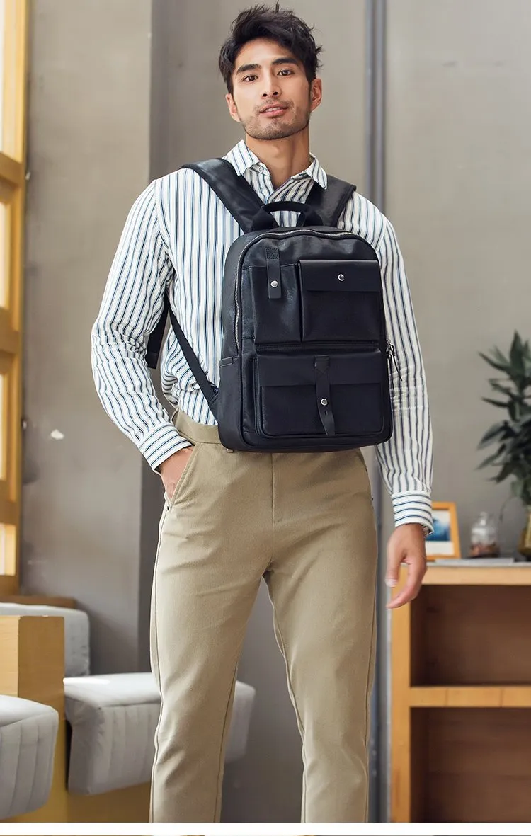 Casual Black Mens Leather School Backpacks Travel Backpacks 14-inch Laptop Backpack for men