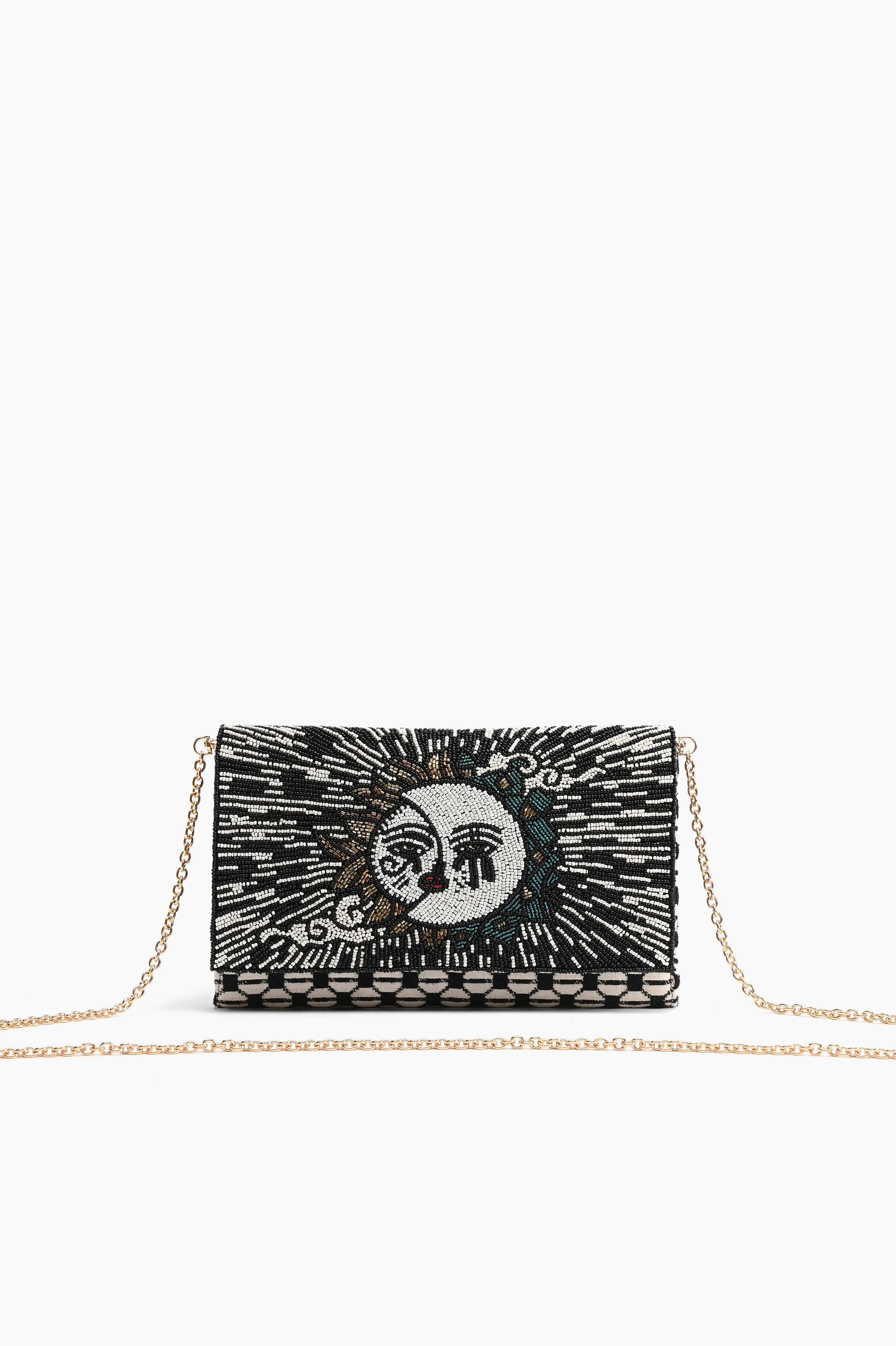 Celestial Sun and Moon Beaded Flap Clutch
