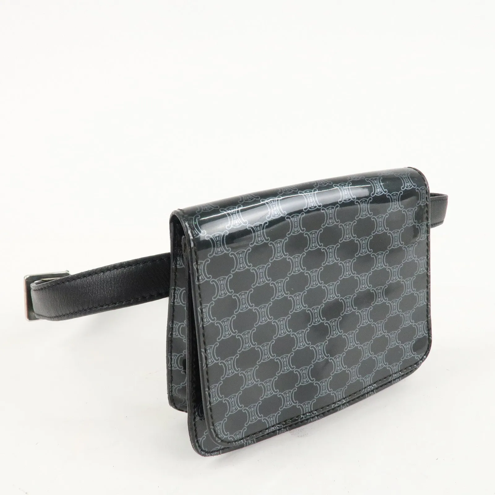 CELINE Macadam Leather PVC Waist Pouch Black Silver HDW MC99/2 Used