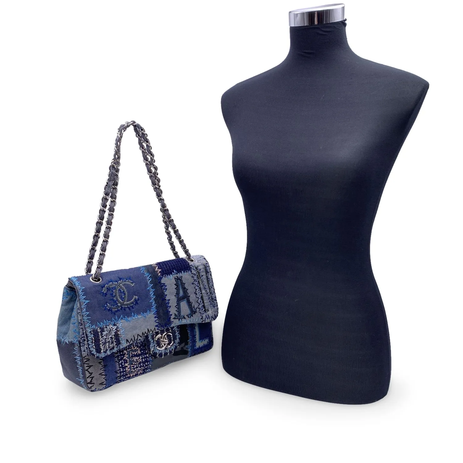 Chanel 2015 Blue Denim Patchwork Timeless Jumbo Single Flap Bag
