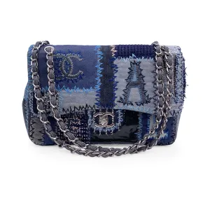 Chanel 2015 Blue Denim Patchwork Timeless Jumbo Single Flap Bag