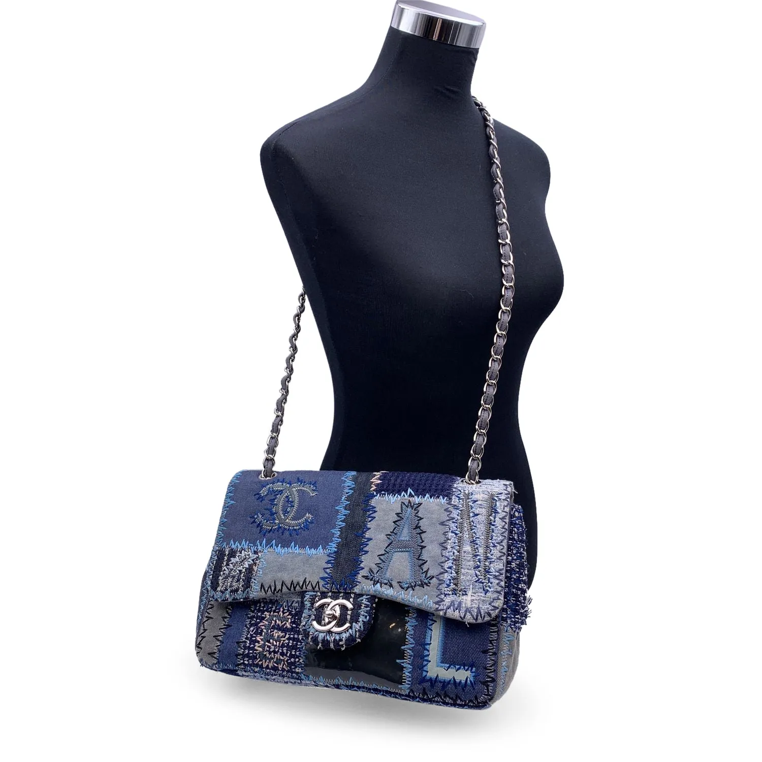 Chanel 2015 Blue Denim Patchwork Timeless Jumbo Single Flap Bag