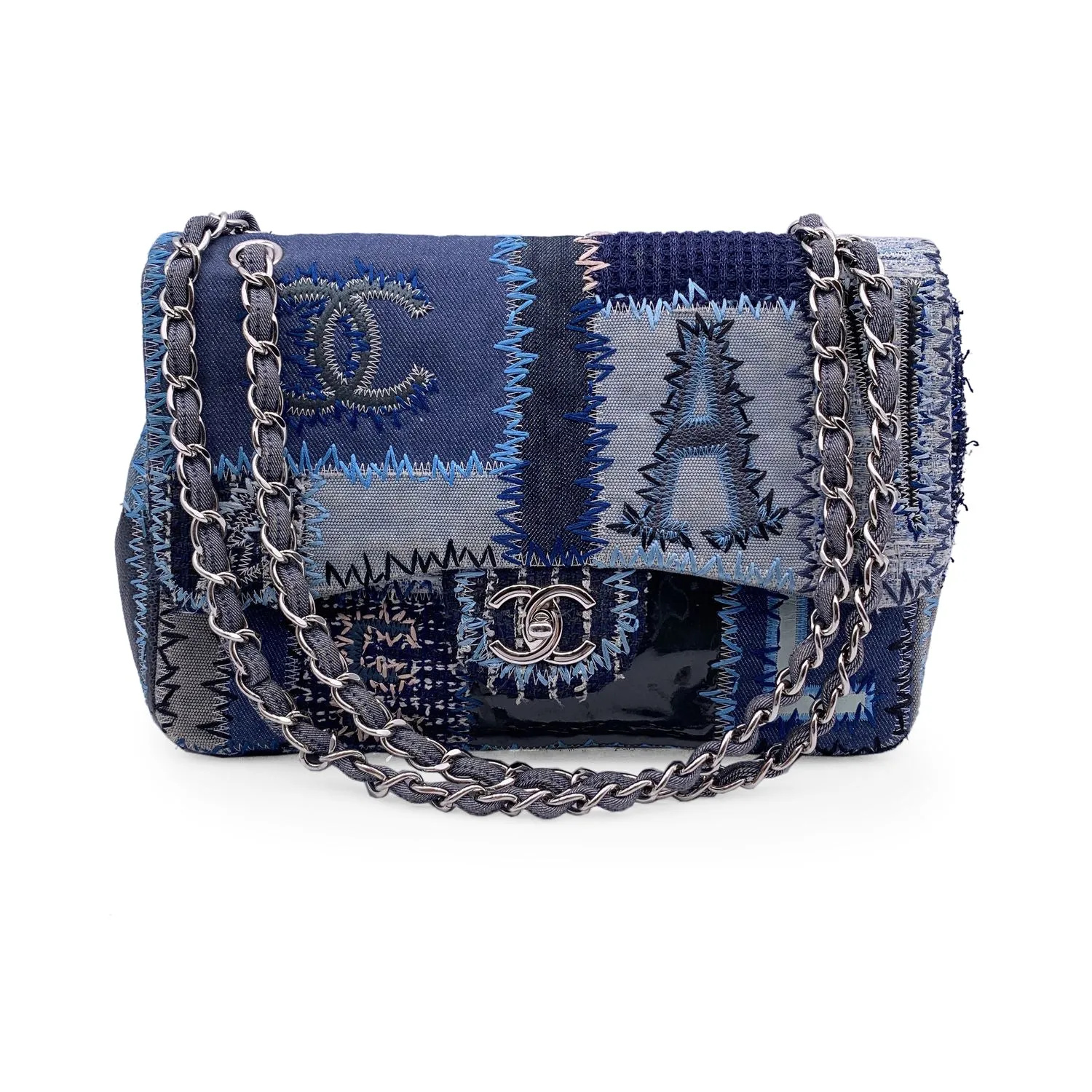 Chanel 2015 Blue Denim Patchwork Timeless Jumbo Single Flap Bag