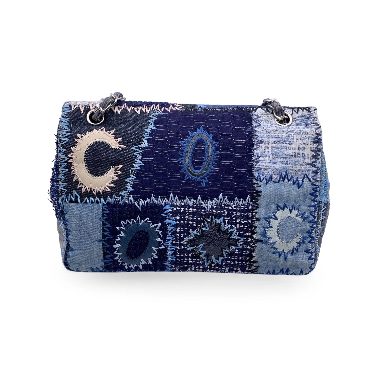 Chanel 2015 Blue Denim Patchwork Timeless Jumbo Single Flap Bag