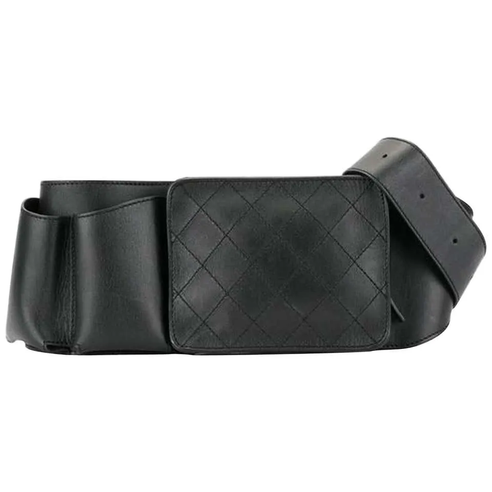 Chanel Belt Rare Vintage Waist Bum Fanny Pack Black Calfskin Leather Fanny Pack