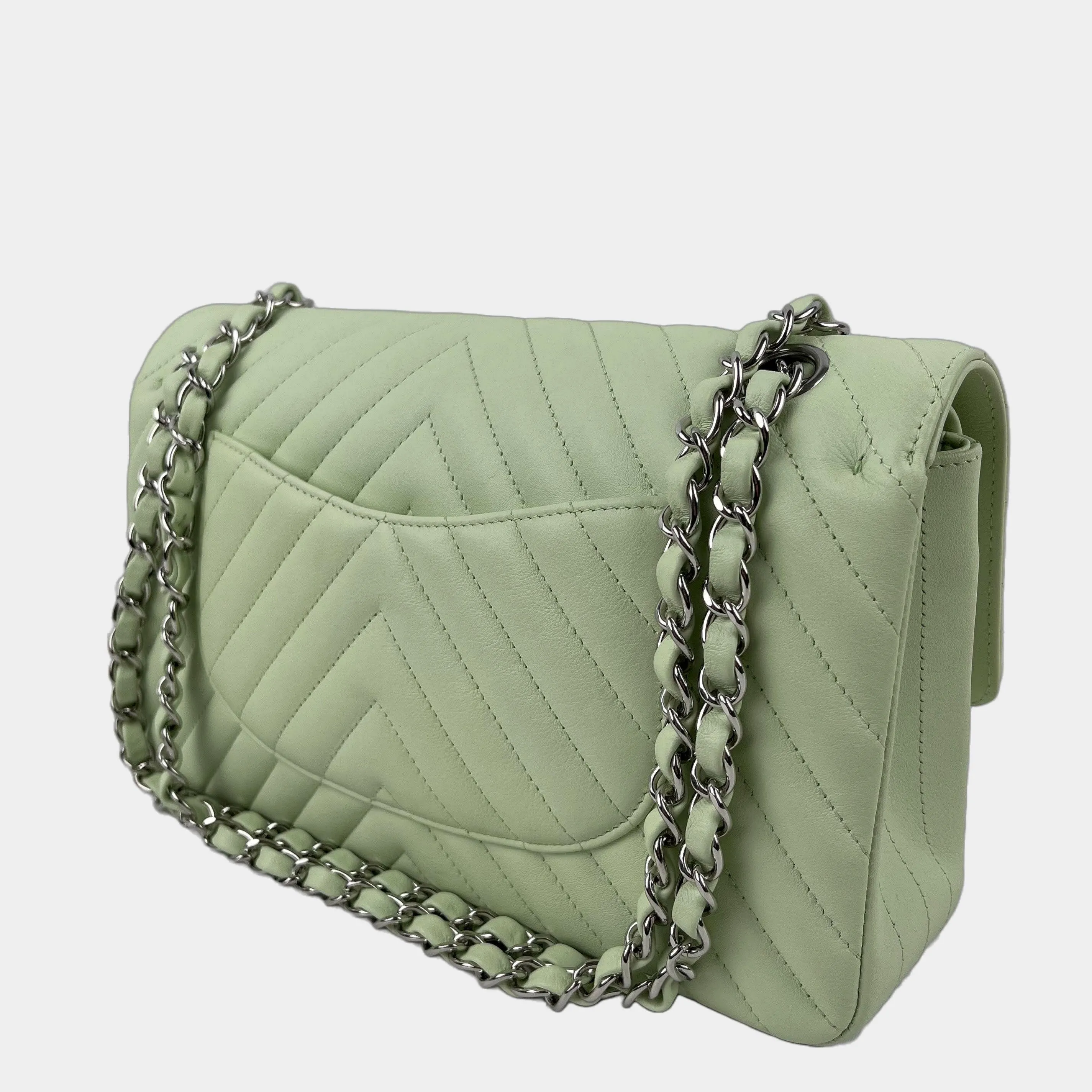 CHANEL Classic Medium Chevron Double Flap Bag - Light Green