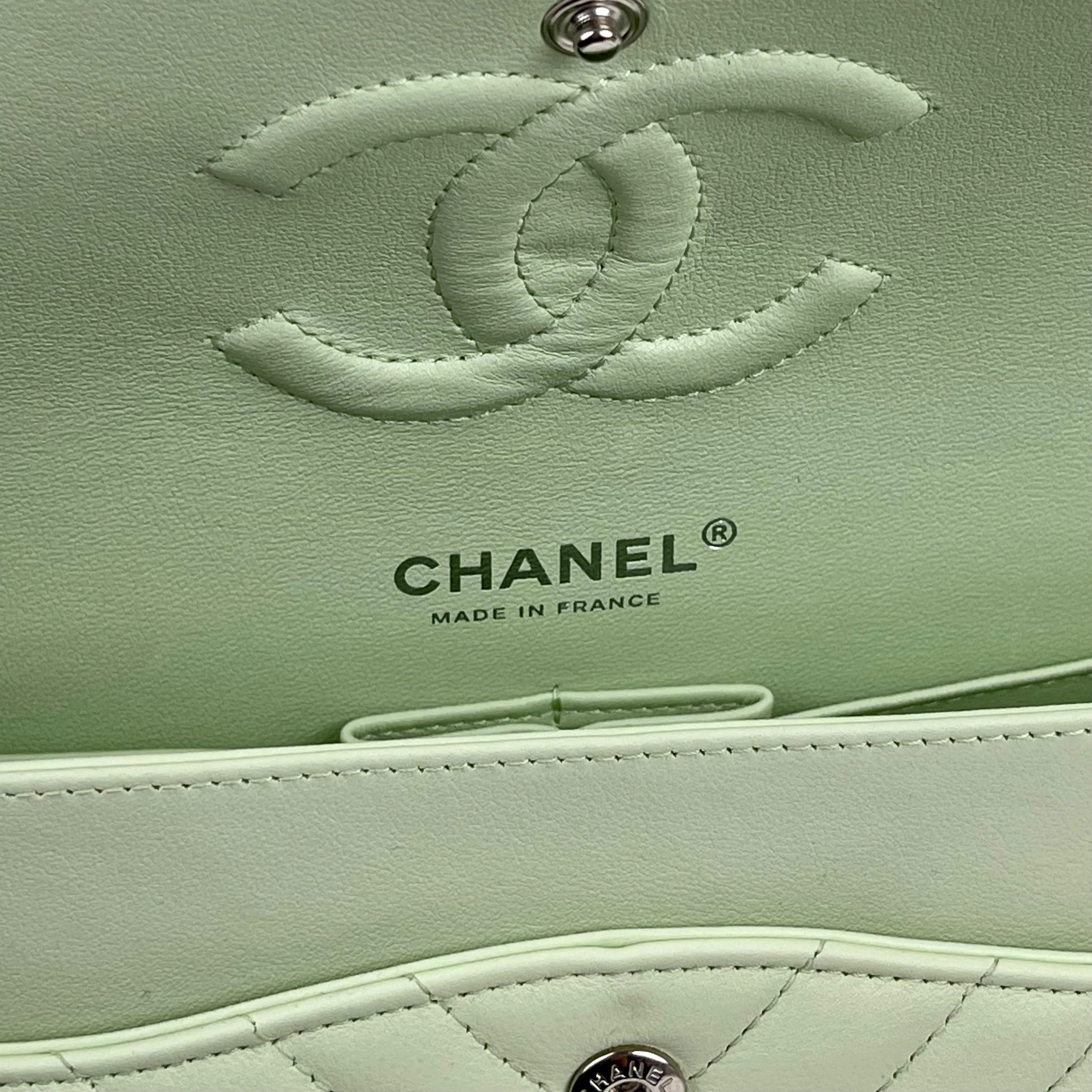 CHANEL Classic Medium Chevron Double Flap Bag - Light Green