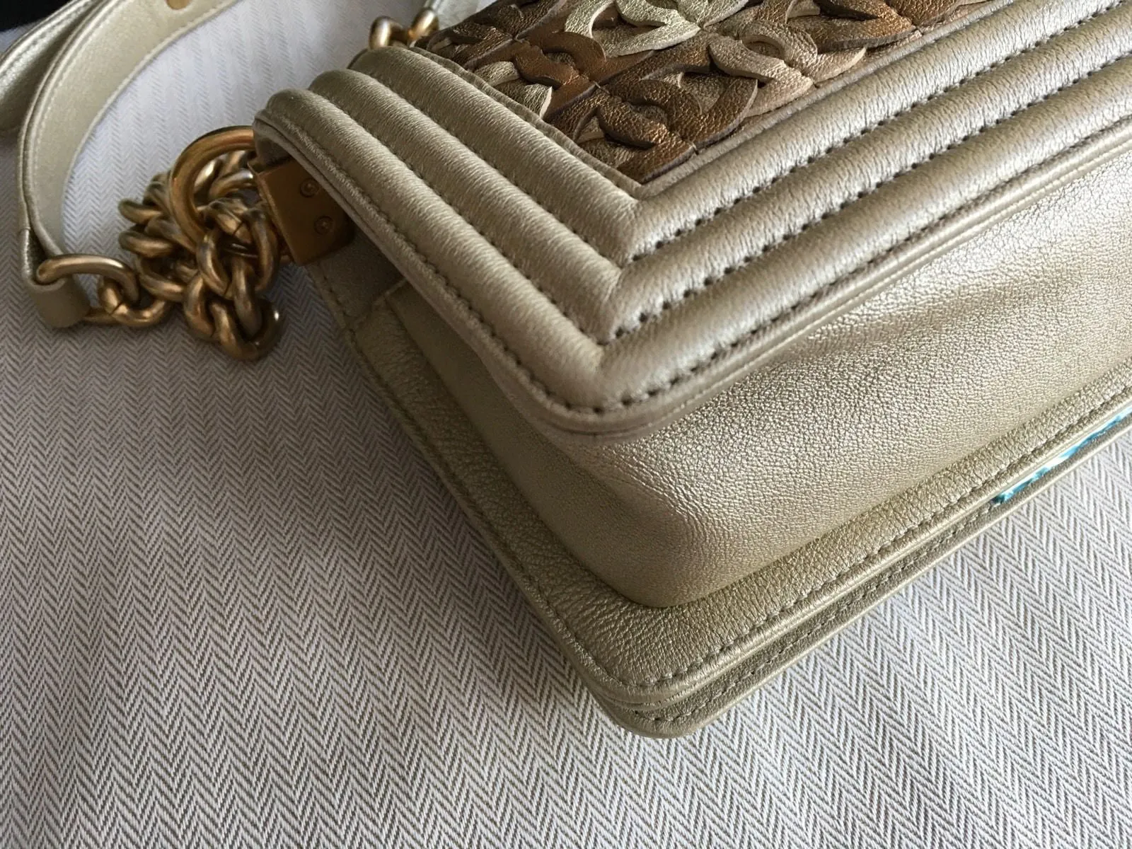 Chanel Embellished Lambskin Le Boy Bag in Runway Gold Metallic Antiqued Hardware  Handbag Ladies