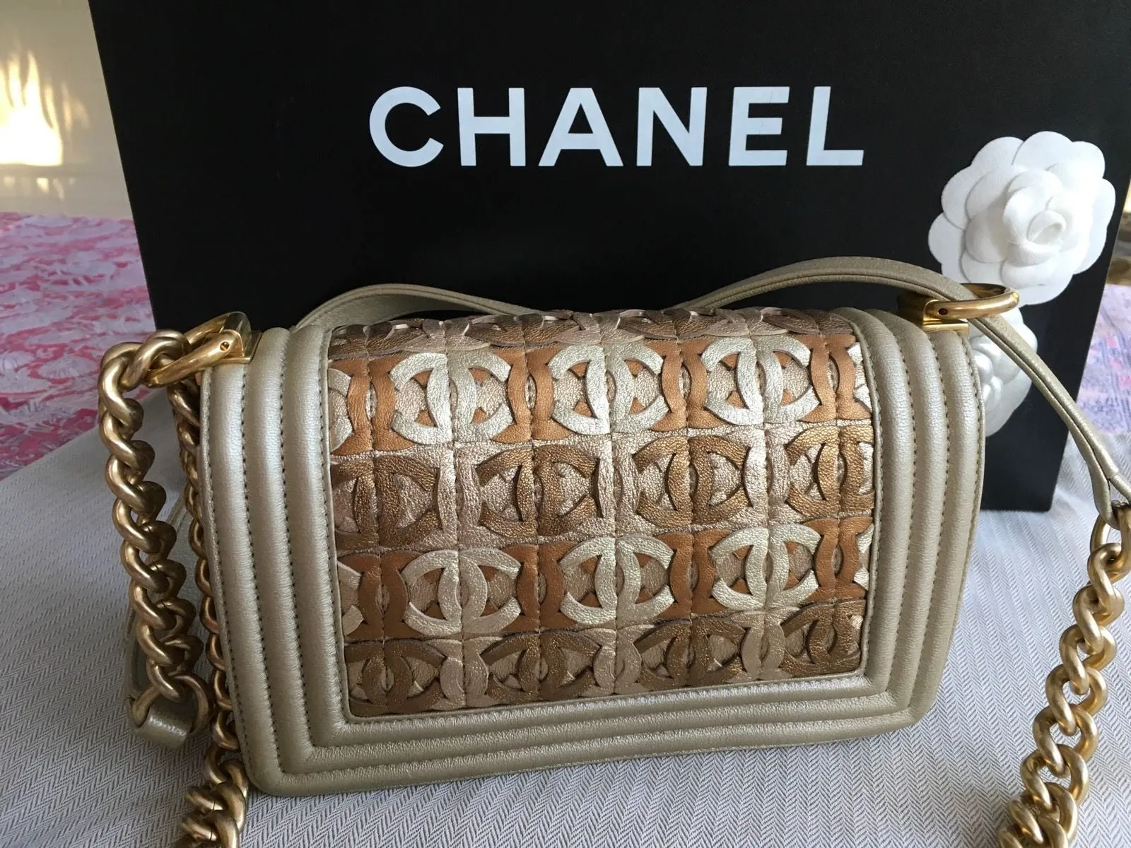 Chanel Embellished Lambskin Le Boy Bag in Runway Gold Metallic Antiqued Hardware  Handbag Ladies